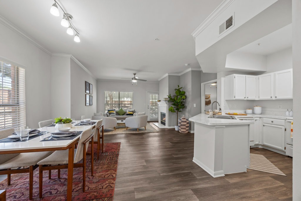 Living room, dining area and kitchen