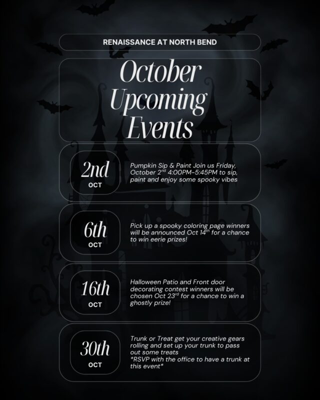 🎃 Get ready for a spook-tacular October, everyone! We're rolling out an awesome lineup of events that'll make your fall fabulous! Join us for a fun-filled Pumpkin Paint and Sip, unleash your creativity with coloring pages, and let's deck out those patios and front doors in style! And don't forget our Trunk or Treat event—it's going to be a blast! Bring your friends and family, and let’s make some unforgettable memories this season! 🍂🍁 Can't wait to see you all there!

#SpookySeason #HalloweenEvents #TrickorTreat #rnbapts #rampartnersllc