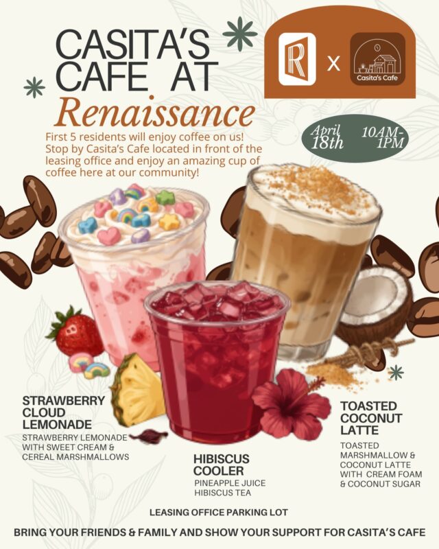 Mark your calendars April 18th from 10am-1pm Casita's Cafe will be at Renaissance at North Bend! ☕First 5 residents will enjoy a coffee on us so make sure you're there. Bring your friends & family to share a cup of coffee this Saturday and show some support for Casita's Cafe. #renaissanceatnorthbend #rnbapts #coffee #coffeelovers #casitascafe #RAMpartnersllc