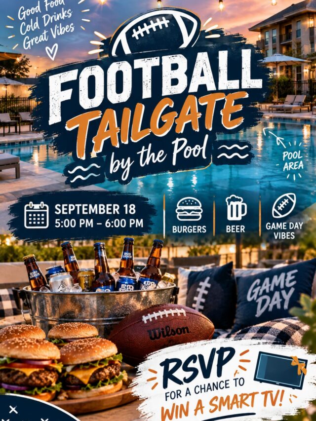 Last call to RSVP for our Game-day Tailgate for a chance to win a new Smart TV! 🏈🏟️ Tailgate will be held at the pool from 5:00pm-6:00pm this Friday, September 18th. 🌭🍻
Drawing will be held at the event you must be present to receive if won. Contact the office to RSVP. 
#football #footballgame #tailgateszn #rnbapts #rampartnersllc